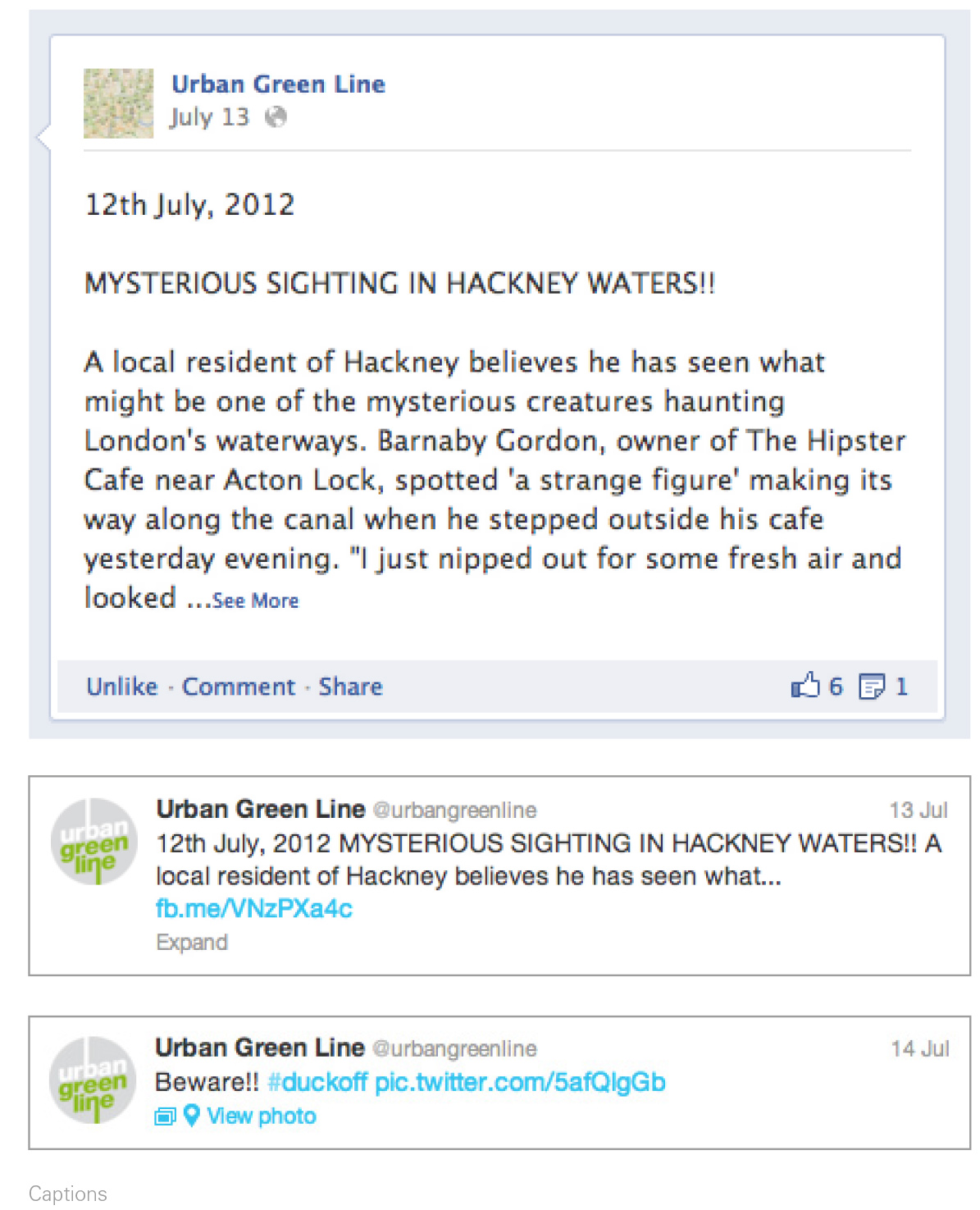 Urban myths about mysterious creatures sighted in the Hackney canal are spread on twitter