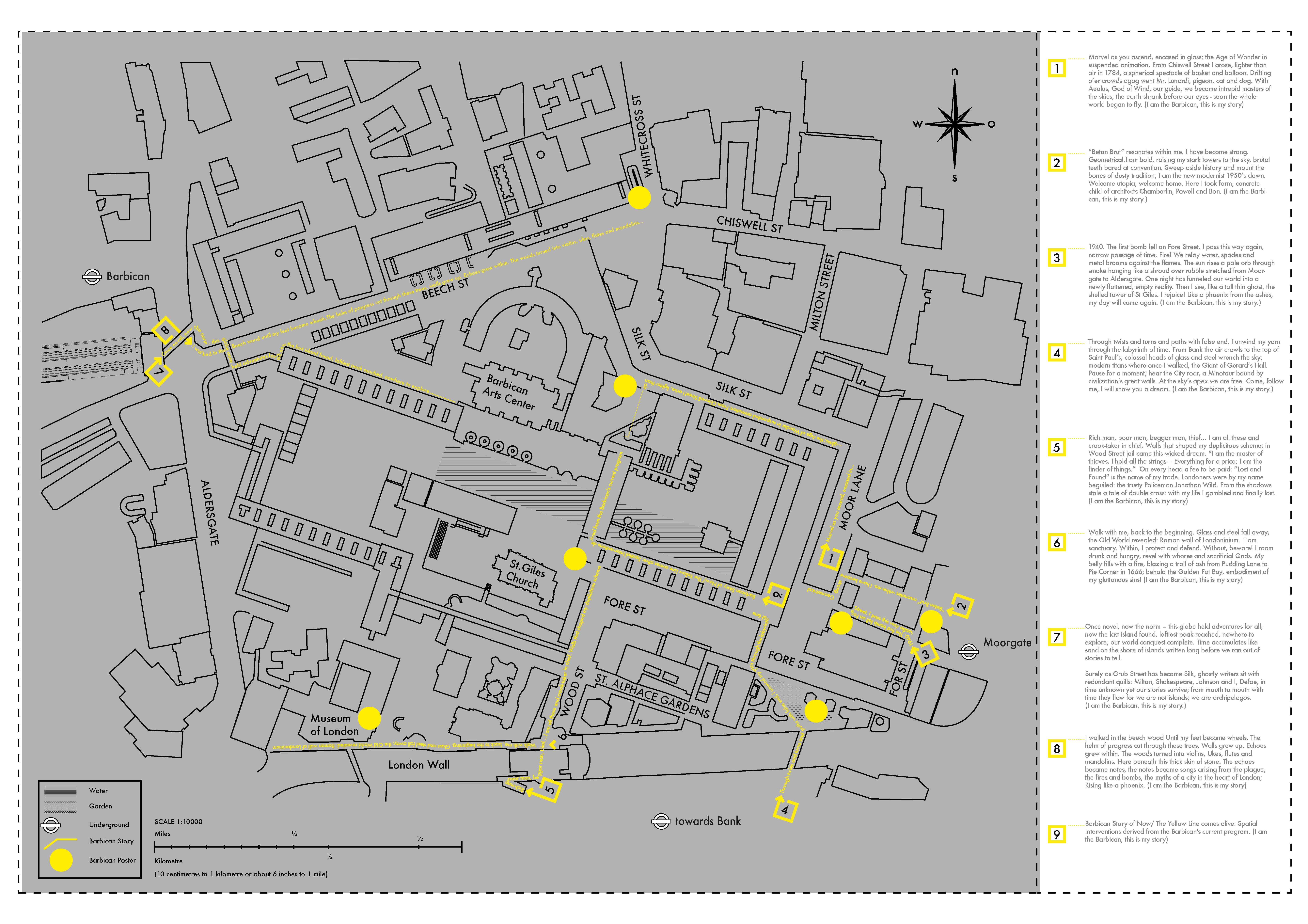 A map of the Barbican Yellow Lines. Poems inserted into the Barbican's Yellow Line way finding system reveal the rich history of the Barbican area.